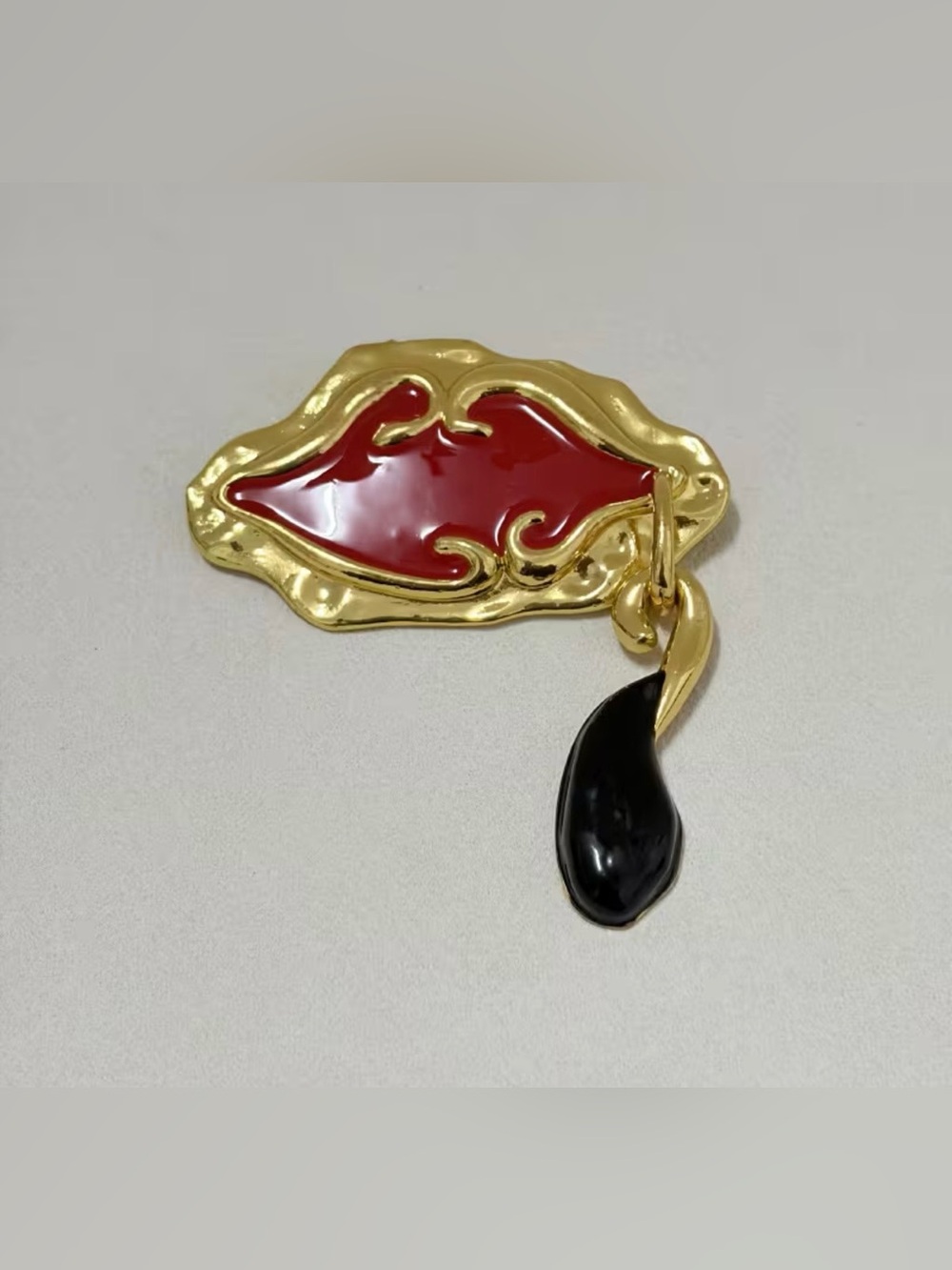 Schiaparelli Inspired Gold-Tone Red Lip & Black Teardrop Statement Brooch